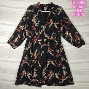Anne Klein Black Floral Sheer Sleeve Dress Size 10 New